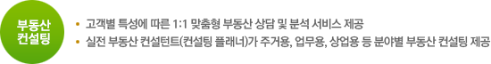 부동산 컨설팅. 고객별 특성에 따른 1:1 맞춤형 부동산 상담 및 분석 서비스 제공 / 실전 부동산 컨설턴트(컨설팅 플래너)가 주거용, 업무용, 상업용 등 분야별 부동산 컨설팅 제공