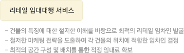 리테일 임대대행 서비스 건물의 특징에 대한 철저한 이해를 바탕으로 최적의 리테일 임차인 발굴 - 철저한 마케팅 전략을 도출하여 각 건물의 위치에 적합한 임차인 결정 - 최적의 공간 구성 및 배치를 통한 적정 임대료 확보