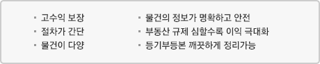 고수익 보장 / 물건의 정보가 명확하고 안전 / 절차가 간단 / 부동산 규제 심할수록 이익 극대화 / 물건이 다양 / 등기부등본 깨끗하게 정리가능