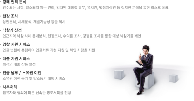 경매 권리 분석 : 인수되는 사항, 말소되지 않는 권리, 임차인 대항력 유무, 유치권, 법정지상권 등 철저한 분석을 통한 리스크 체크 / 현장 조사 : 상권분석, 시세분석, 개발가능성 등을 제시 / 낙찰가 산정 : 인근지역 낙찰 사례 통계분석, 현장조사, 수익률 조사, 경쟁률 조사를 통한 예상 낙찰가를 제안 / 입찰 지원 서비스 : 입찰 법원에 동행하여 입찰서류 작성 지원 및 확인 사항을 지원 / 대출 지원 서비스 : 최적의 대출 상품 알선 / 잔금 납부 / 소유권 이전 : 소유권 이전 등기 및 말소등기 대행 서비스 / 사후처리 : 점유자와 협의에 따른 신속한 명도처리를 진행