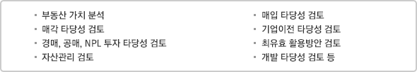 부동산 가치 분석 / 매각 타당성 검토 / 경매, 공매, NPL 투자 타당성 검토 / 자산관리 검토 / 매입 타당성 검토 / 기업이전 타당성 검토 / 최유효 활용방안 검토 / 개발 타당성 검토 등