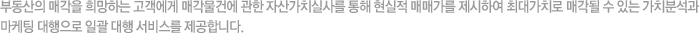 부동산의 매각을 희망하는 고객에게 매각물건에 관한 자산가치실사를 통해 현실적 매매가를 제시하여 최대가치로 매각될 수 있는 가치분석과 마케팅 대행으로 일괄 대행 서비스를 제공합니다.